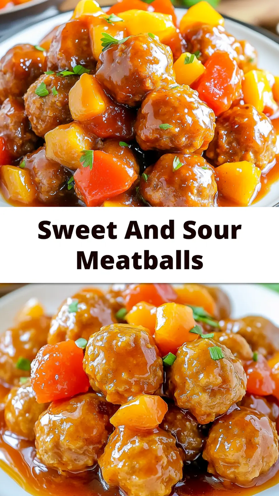 Crock Pot Sweet and Sour Meatballs centered hero view, clean and uncluttered pin