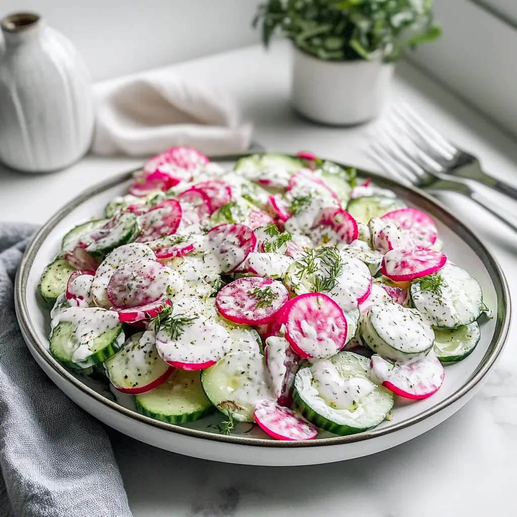 Cucumber radish salad in a bowl with creamy dressing and fresh herbs
