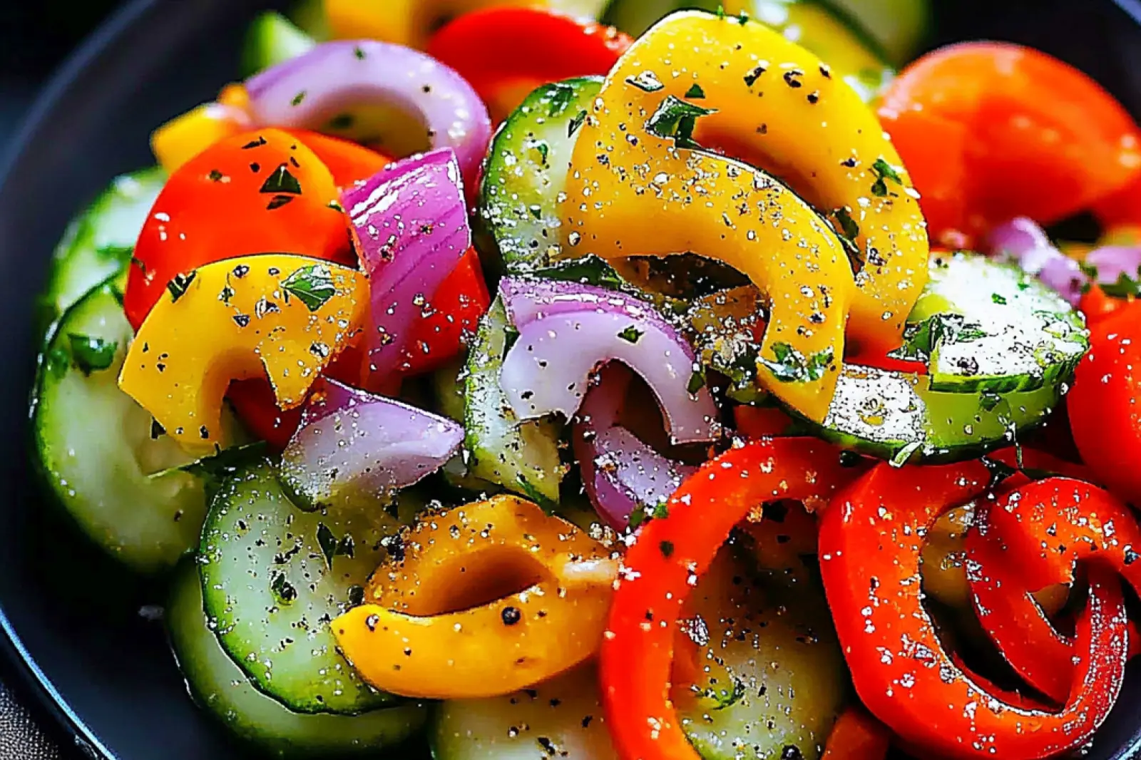 CUCUMBER SWEET PEPPER SALAD centered hero view, clean and uncluttered
