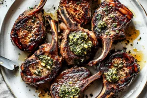 Easter Lamb Chops with Garlic Herb Butter Easy Weeknight Recipe EASTER LAMB CHOPS WITH GARLIC HERB BUTTER centered hero view, clean and uncluttered