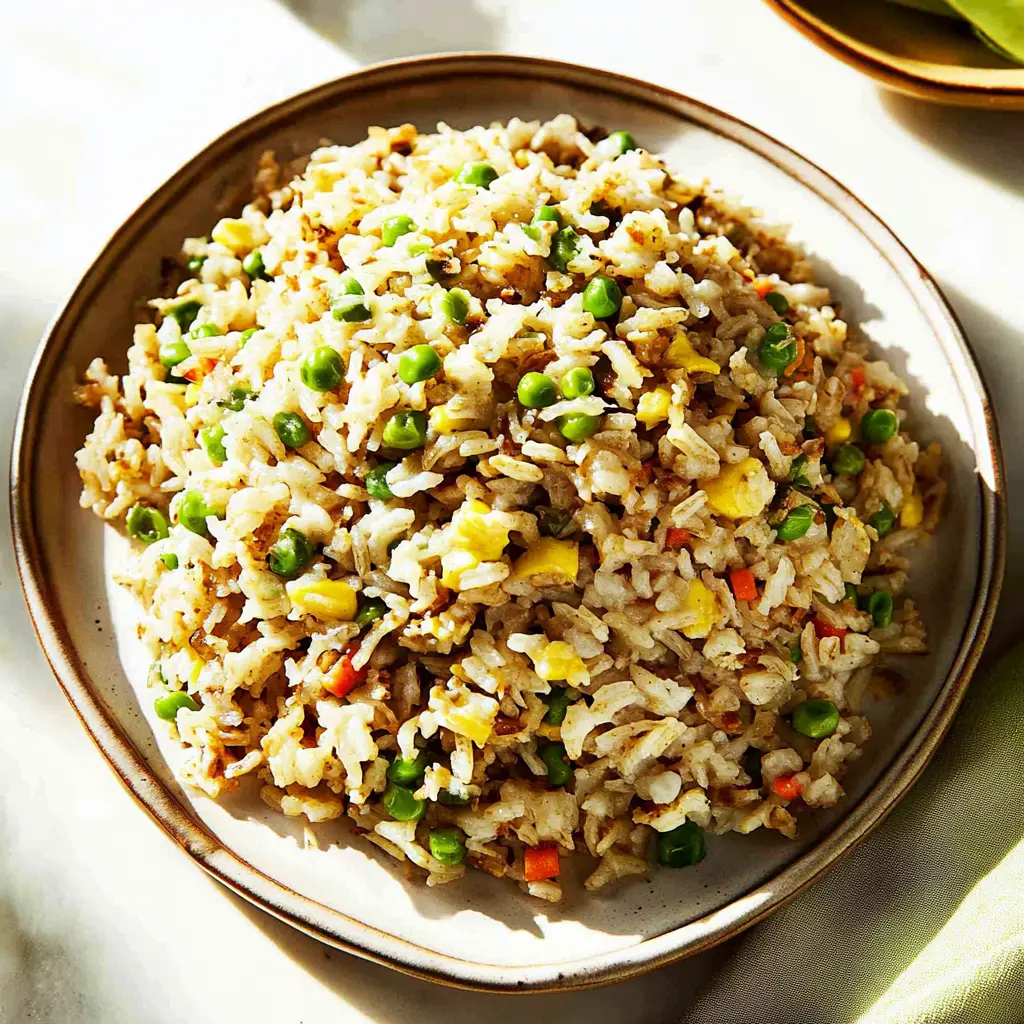 Easy fried rice in a skillet with scrambled eggs and colorful vegetables