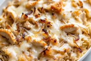 FRENCH ONION CHICKEN ORZO CASSEROLE centered hero view, clean and uncluttered