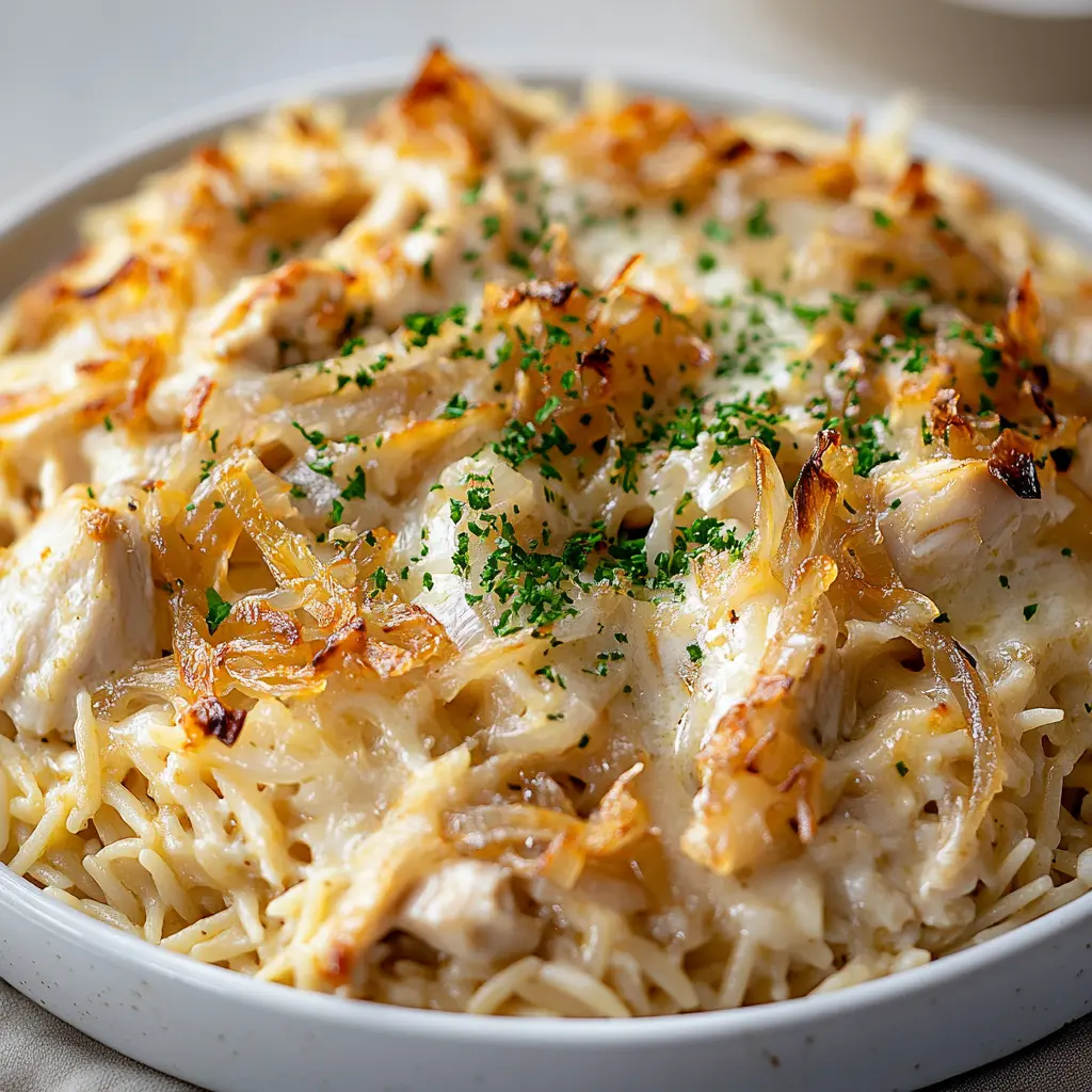 French Onion Chicken Orzo Casserole Easy Weeknight Dinner 3 French onion chicken orzo casserole in skillet with melted cheese topping