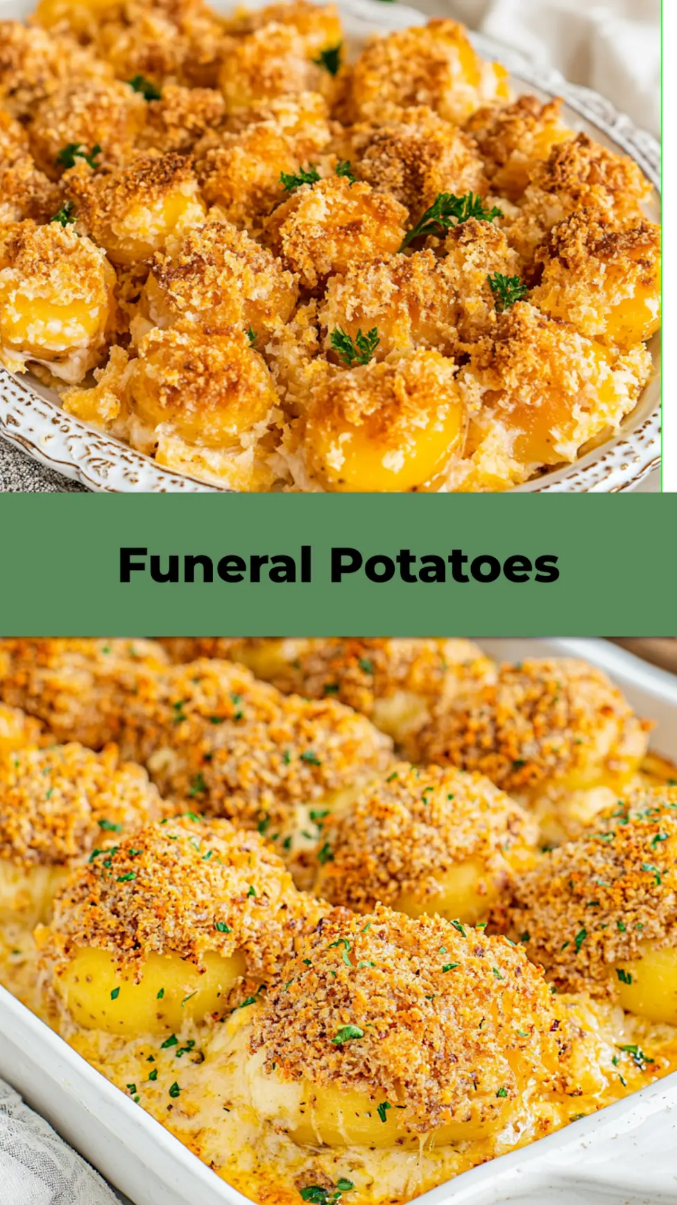 FUNERAL POTATOES centered hero view, clean and uncluttered