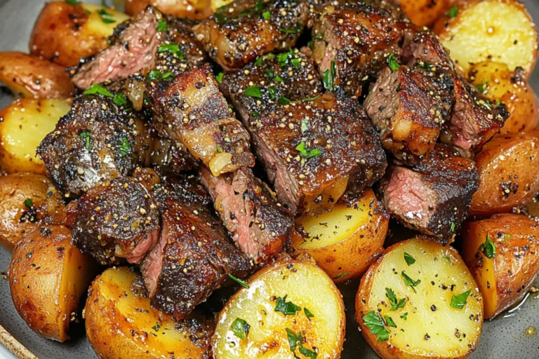 GARLIC BUTTER STEAK AND POTATOES centered hero view, clean and uncluttered