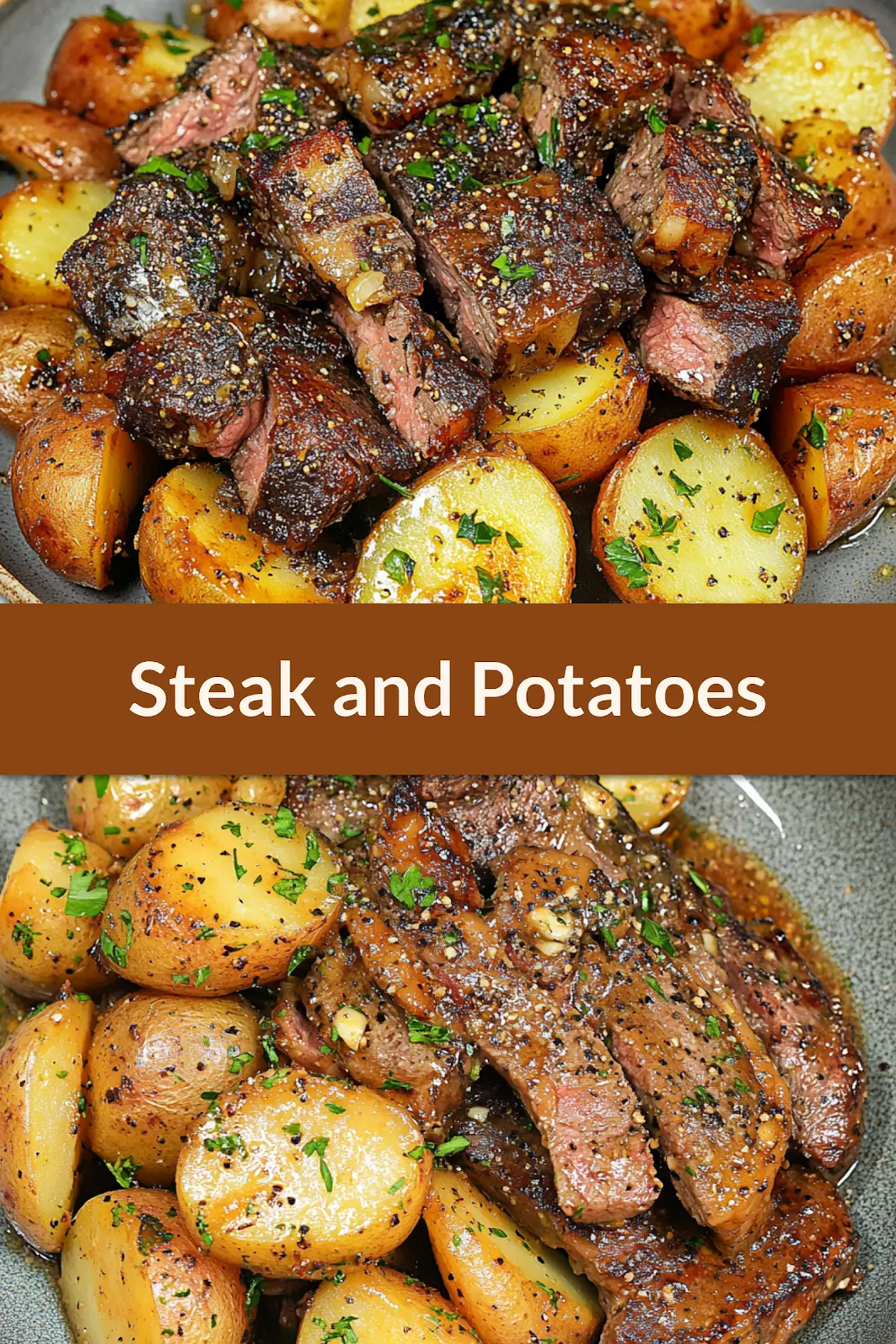 Garlic butter steak and potatoes plated and ready to serve