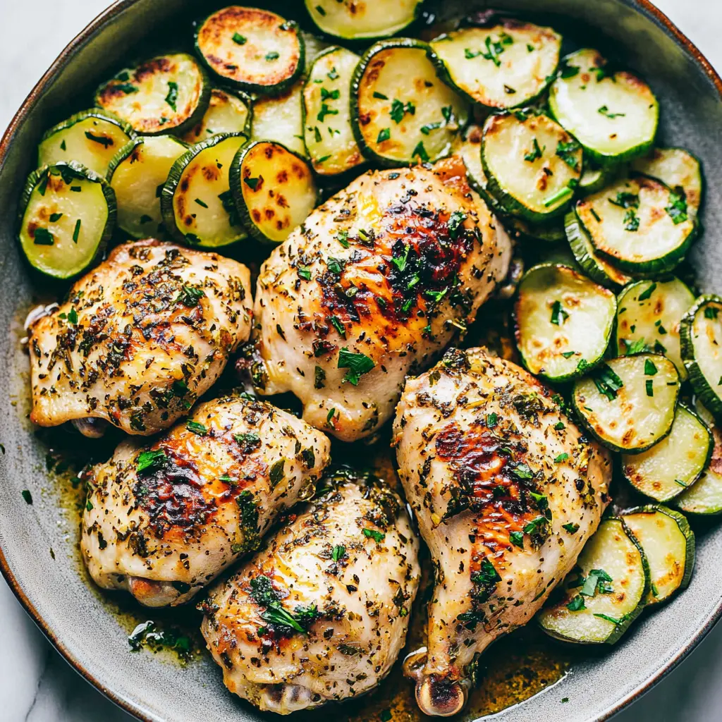 Garlic Herb Chicken with Zucchini in a skillet with golden chicken pieces and tender zucchini
