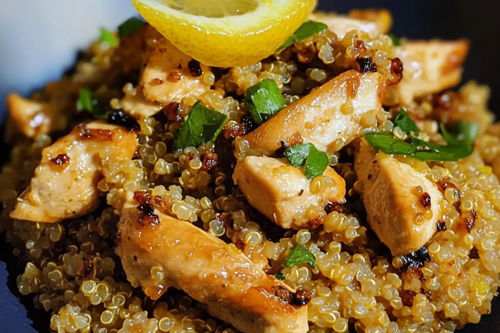 GARLIC LEMON CHICKEN QUINOA centered hero view, clean and uncluttered