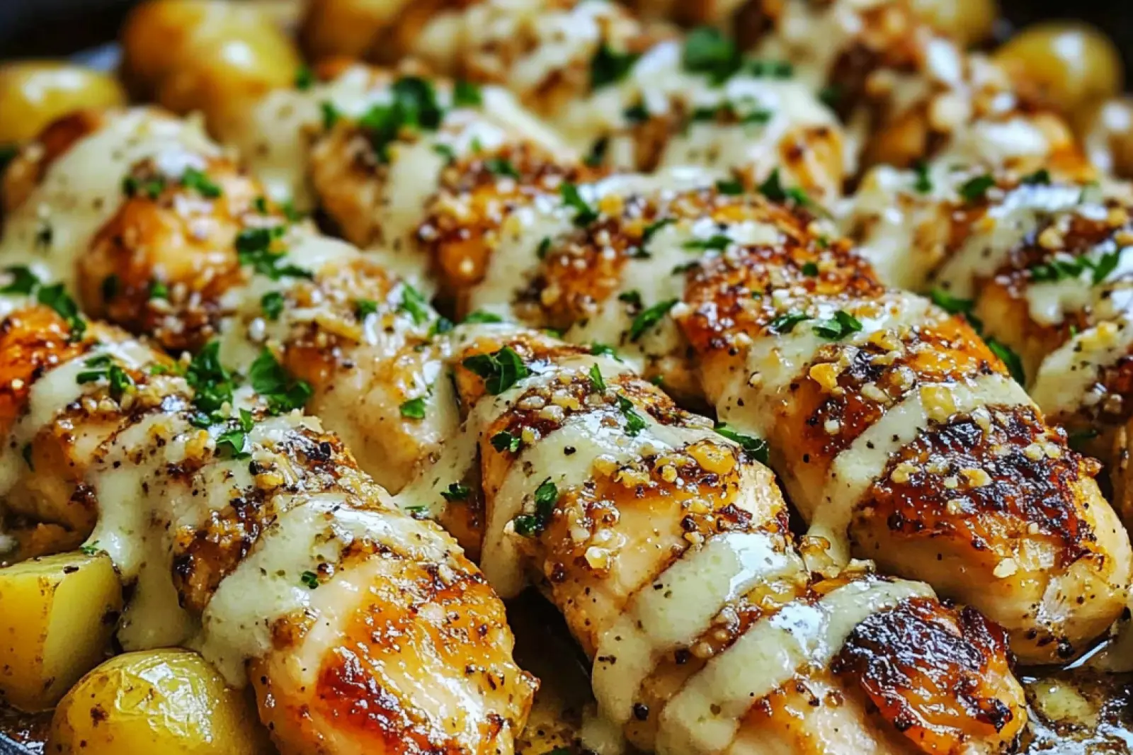 GARLIC PARMESAN CHICKEN AND POTATOES SKILLET centered hero view, clean and uncluttered