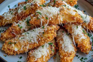 GARLIC PARMESAN CHICKEN TENDERS centered hero view, clean and uncluttered