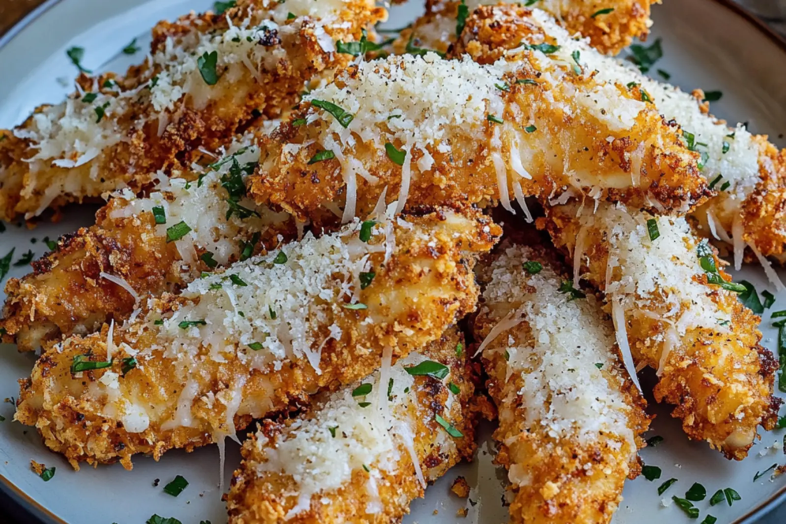 GARLIC PARMESAN CHICKEN TENDERS centered hero view, clean and uncluttered