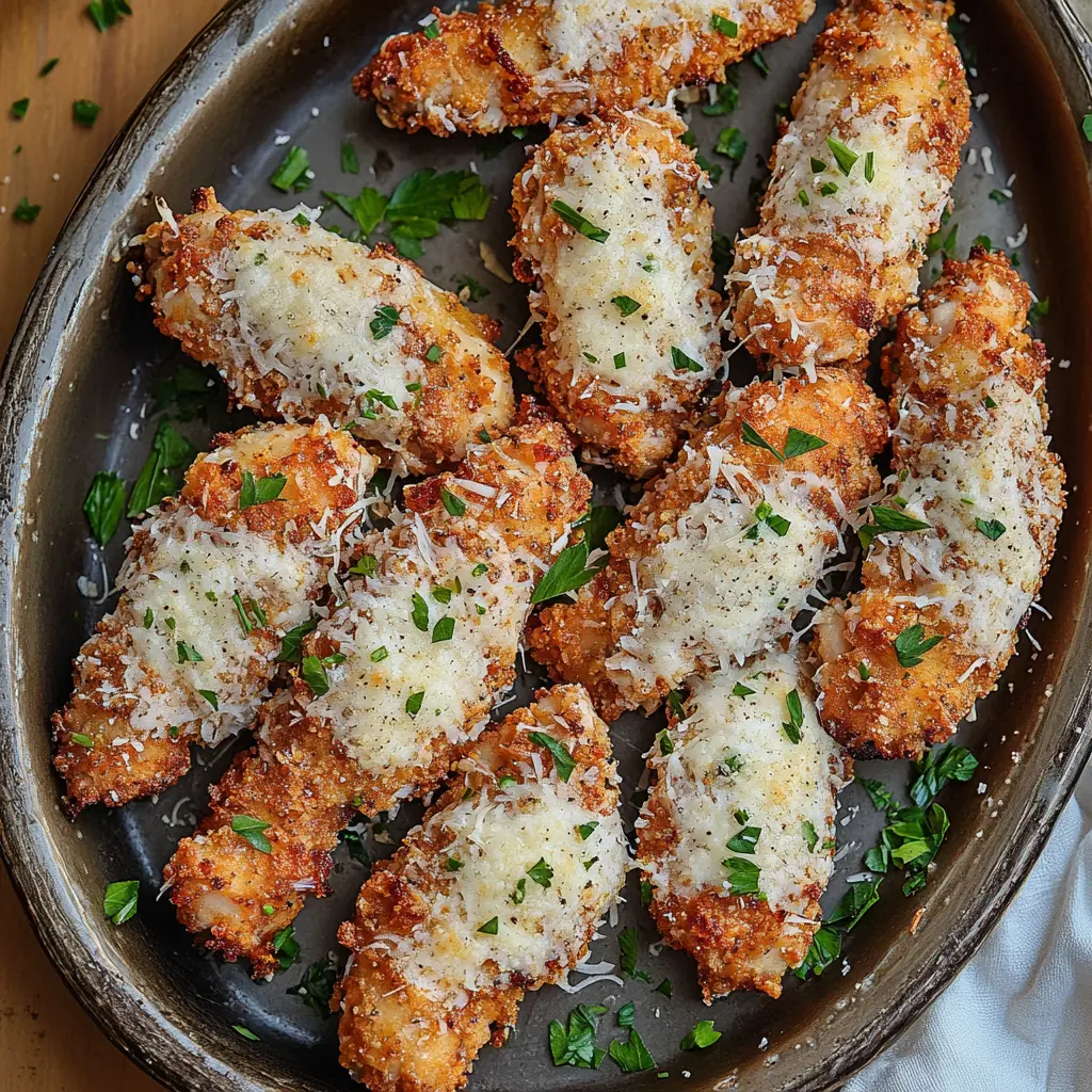 GARLIC PARMESAN CHICKEN TENDERS centered hero view, clean and uncluttered