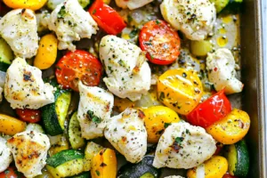 GREEK SHEET PAN CHICKEN AND VEGGIES centered hero view, clean and uncluttered