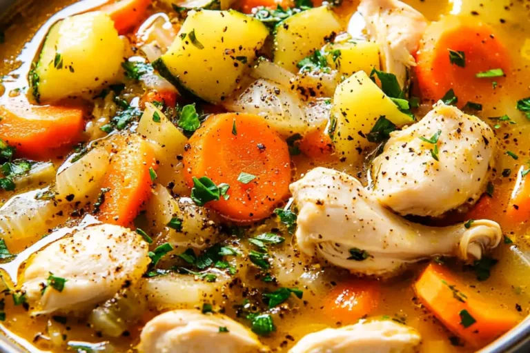HEARTY CHICKEN VEGGIE SOUP centered hero view, clean and uncluttered