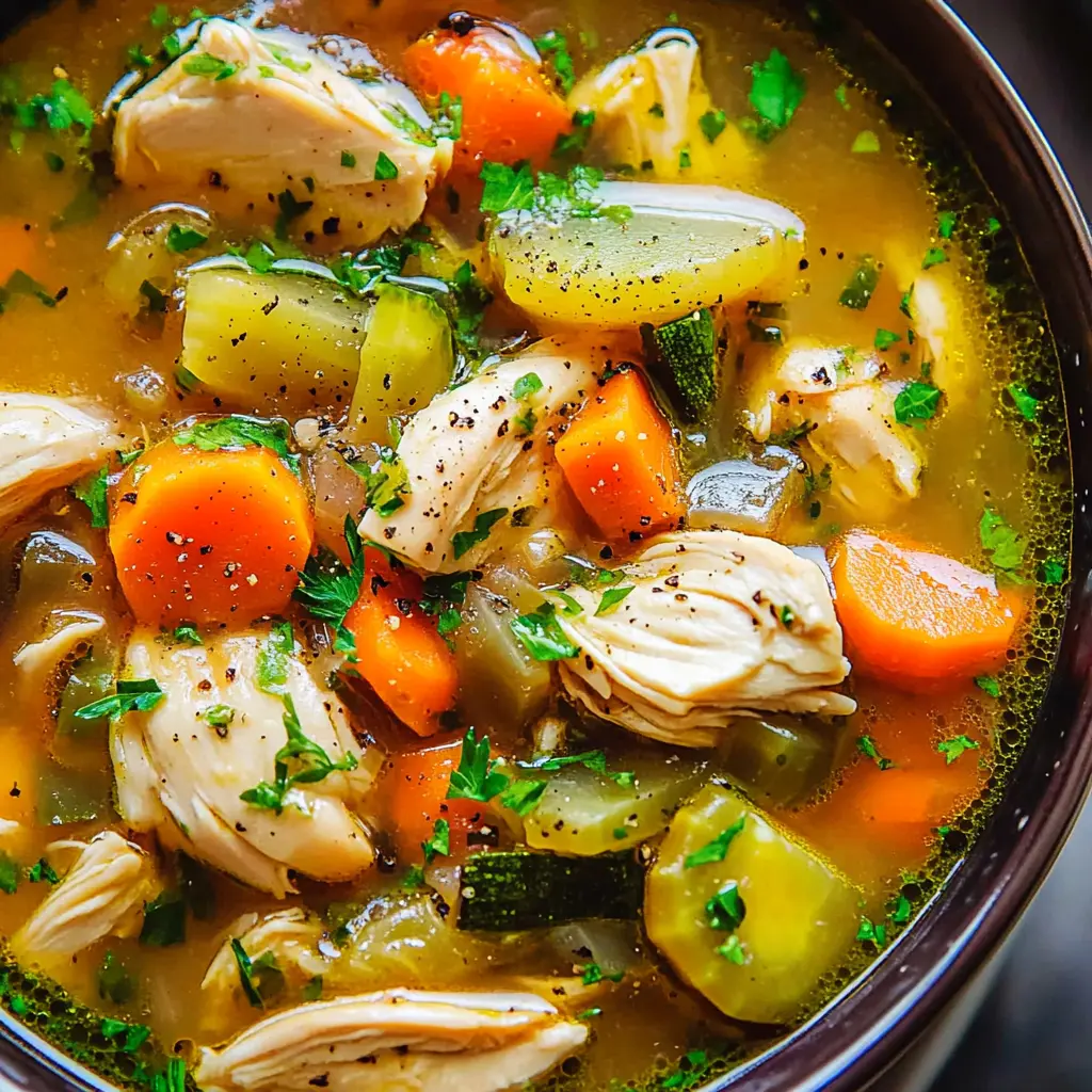 HEARTY CHICKEN VEGGIE SOUP centered hero view, clean and uncluttered