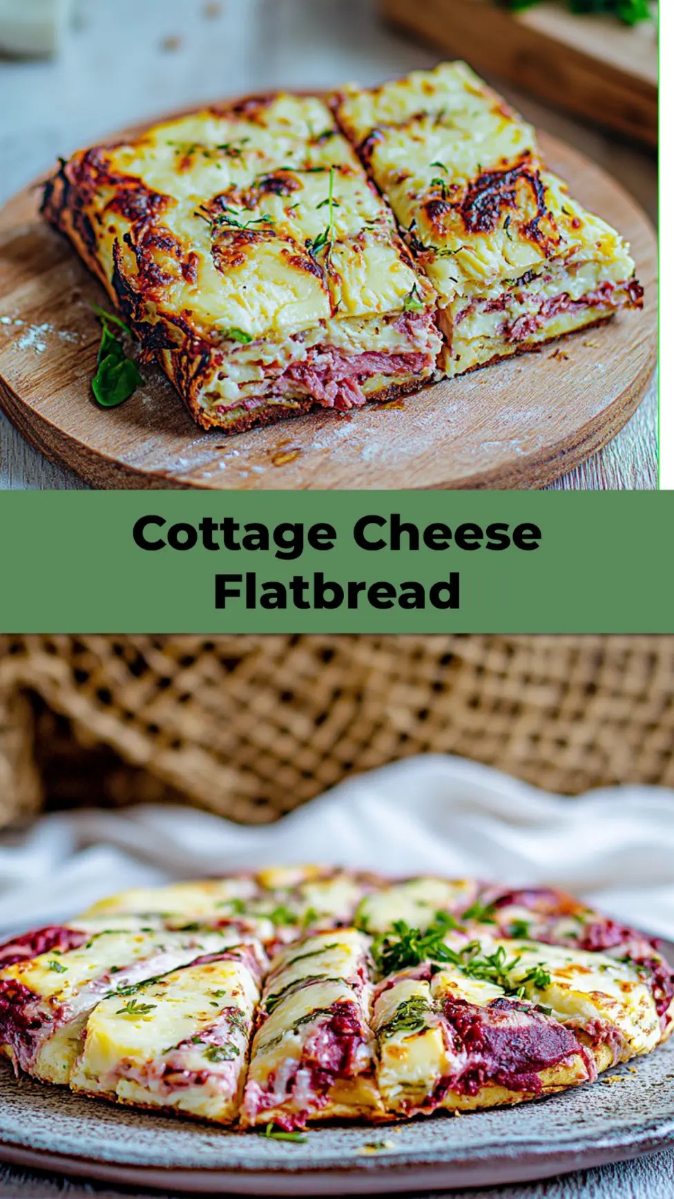 HIGH PROTEIN COTTAGE CHEESE FLATBREAD centered hero view, clean and uncluttered