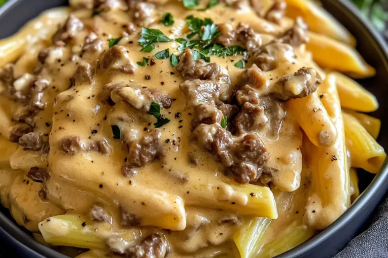 HIGH PROTEIN CREAMY BEEF PASTA centered hero view, clean and uncluttered