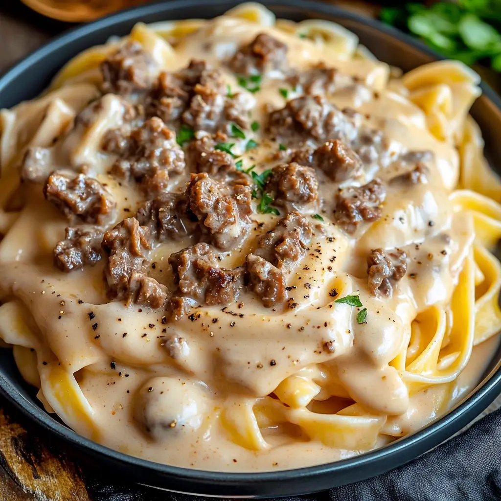 HIGH PROTEIN CREAMY BEEF PASTA centered hero view, clean and uncluttered