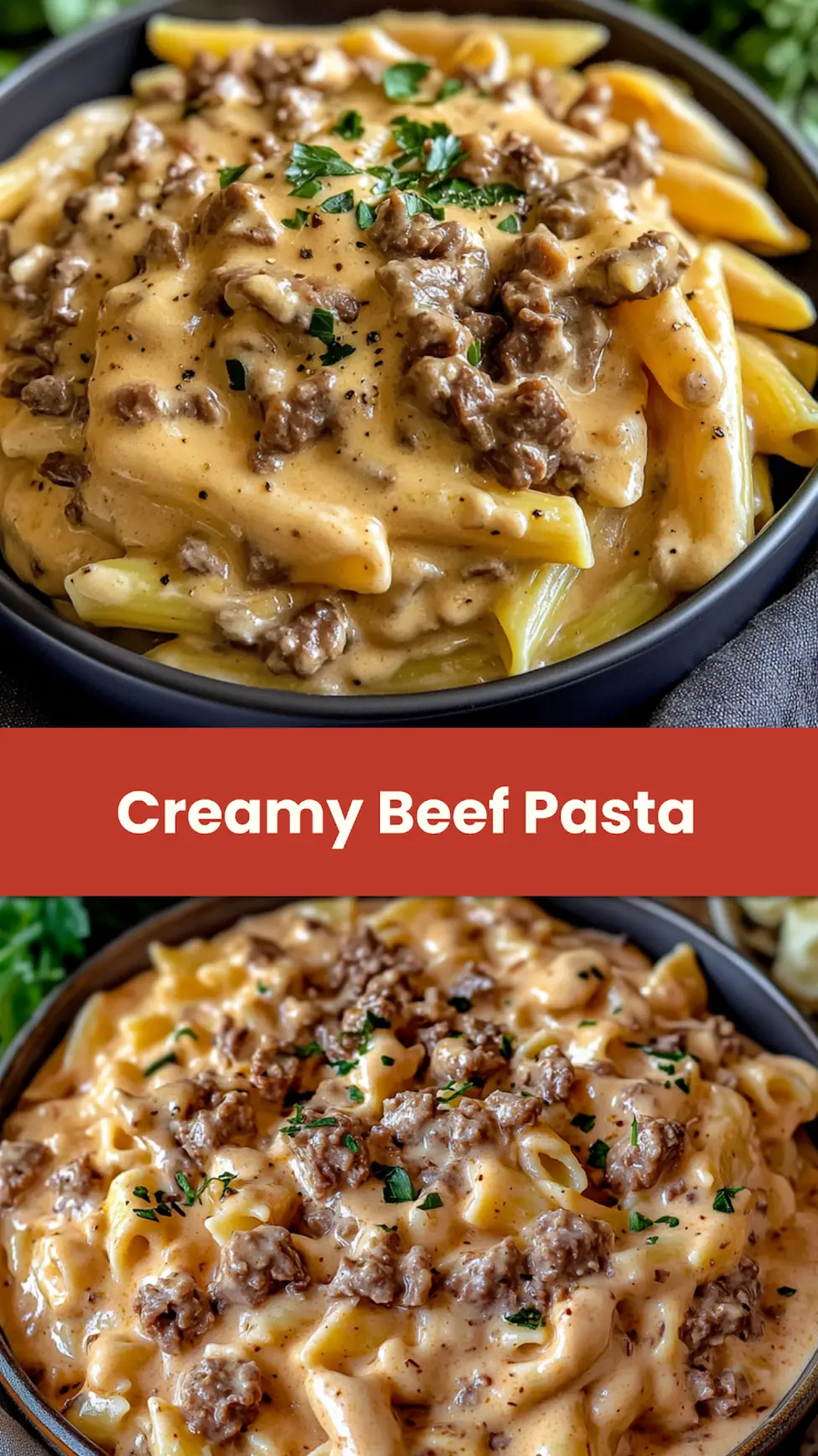 HIGH PROTEIN CREAMY BEEF PASTA centered hero view, clean and uncluttered