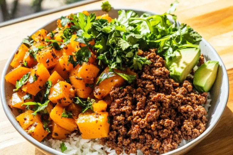 HIGH PROTEIN GROUND BEEF BOWL MEAL PREP centered hero view, clean and uncluttered