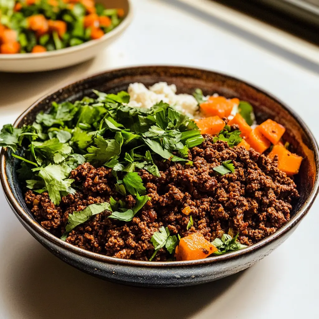 High Protein Ground Beef Bowl Meal Prep Easy Dinner 3 HIGH PROTEIN GROUND BEEF BOWL MEAL PREP centered hero view, clean and uncluttered