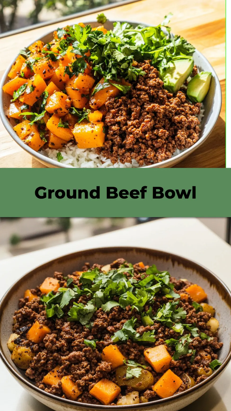 High Protein Ground Beef Bowl Meal Prep Easy Dinner 4 HIGH PROTEIN GROUND BEEF BOWL MEAL PREP centered hero view, clean and uncluttered