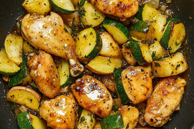HONEY GARLIC CHICKEN AND ZUCCHINI SKILLET centered hero view, clean and uncluttered