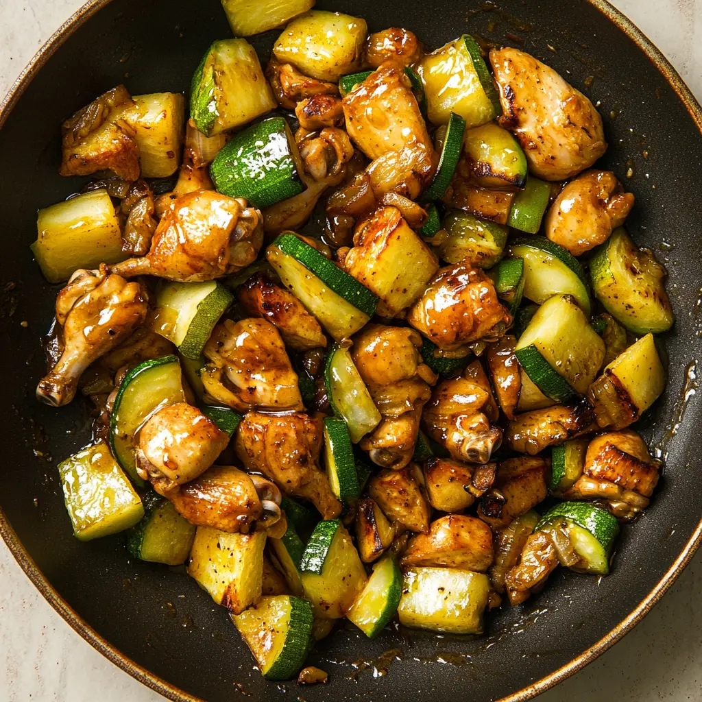 Honey Garlic Chicken and Zucchini Skillet Easy Weeknight Dinner 3 Honey Garlic Chicken and Zucchini Skillet in a pan, centered hero view, clean and uncluttered