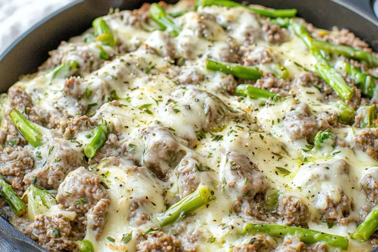 KETO GROUND BEEF SKILLET EASTER DINNER centered hero view, clean and uncluttered