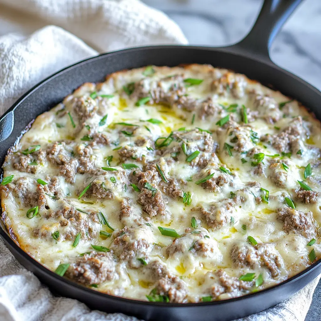 Keto ground beef skillet Easter dinner with green beans and melted cheese, centered hero view