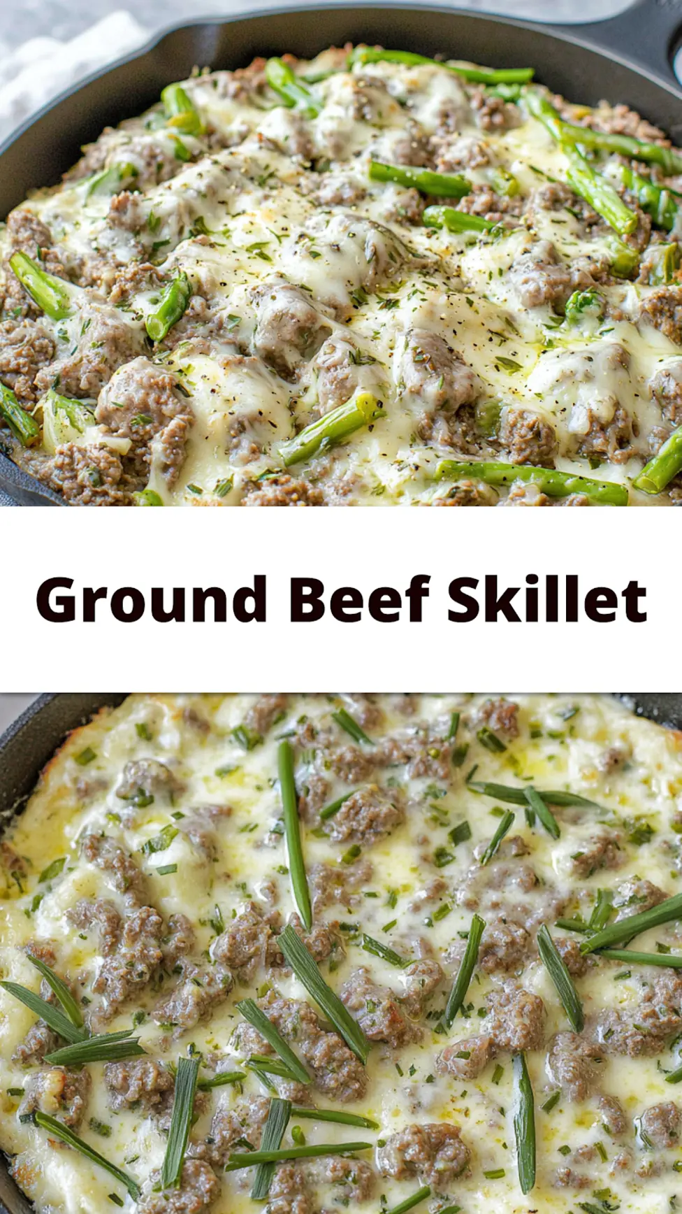 Keto ground beef skillet Easter dinner with green beans and melted cheese, centered hero view