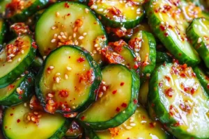KOREAN CUCUMBER SALAD centered hero view, clean and uncluttered