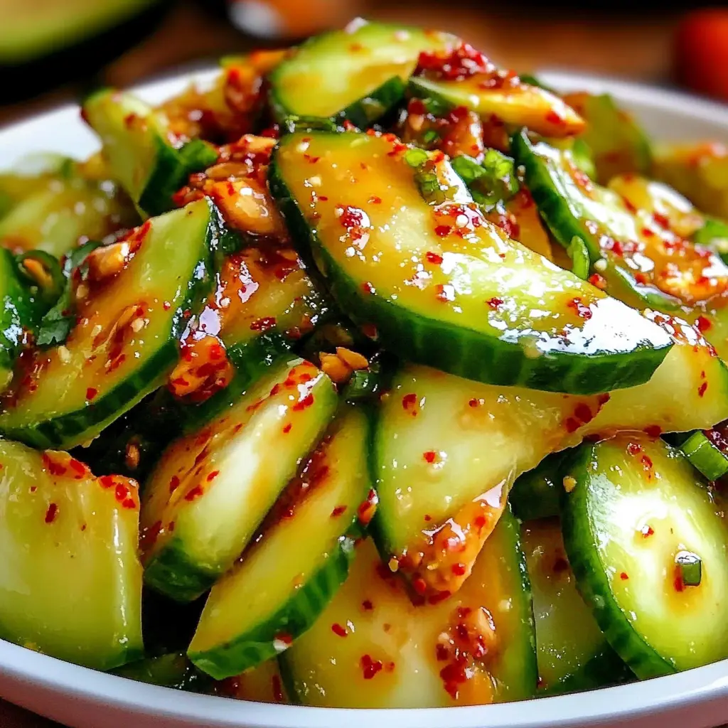 Korean cucumber salad centered hero view, clean and uncluttered