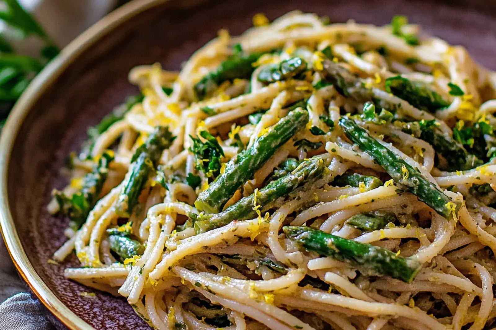LEMON ASPARAGUS PASTA EASY SPRING DINNER centered hero view, clean and uncluttered