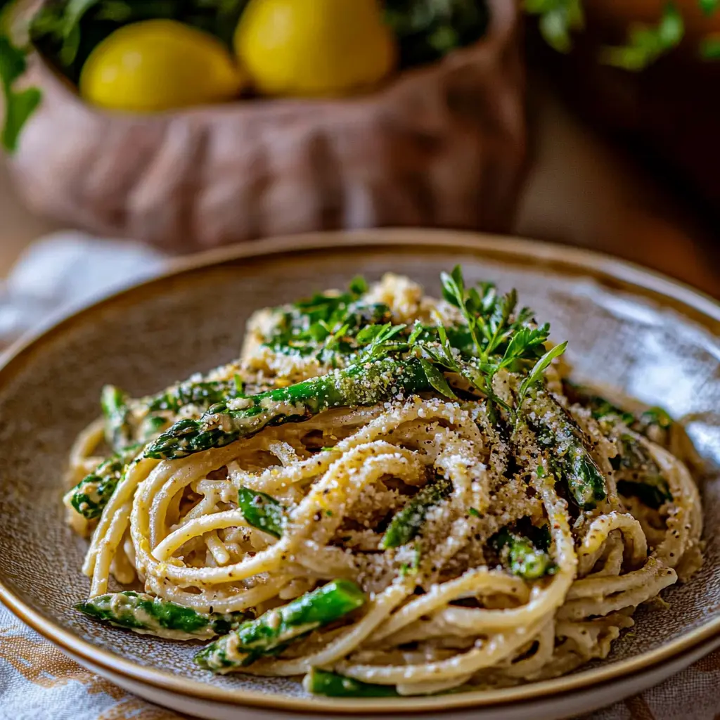 Lemon Asparagus Pasta Easy Spring Dinner Perfect Weeknight Meal 3 Lemon asparagus pasta in a white bowl with fresh herbs and tender asparagus spears, bright spring dinner