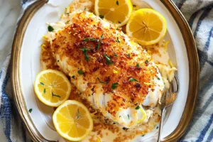 Lemon Butter Cod Recipe Easy Delicious Weeknight Dinner LEMON BUTTER COD RECIPE centered hero view, clean and uncluttered