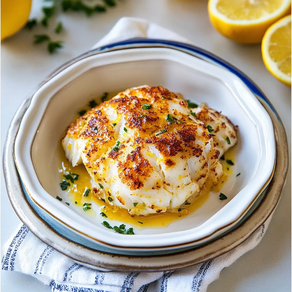 LEMON BUTTER COD RECIPE centered hero view, clean and uncluttered