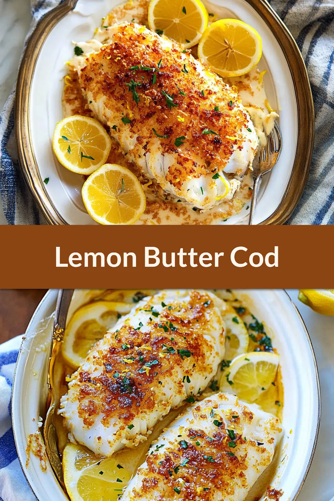 LEMON BUTTER COD RECIPE centered hero view, clean and uncluttered