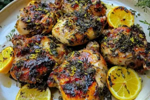 LEMON HERB ROASTED CHICKEN THIGHS recipe, served and ready to eat, easy homemade dinner