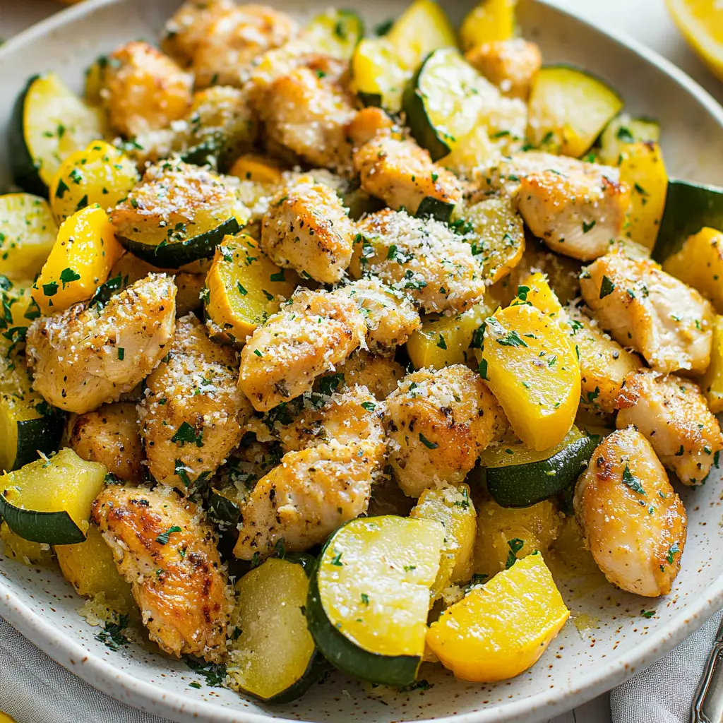 Lemon Parmesan Chicken Zucchini and Squash Easy Weeknight Dinner 3 LEMON PARMESAN CHICKEN ZUCCHINI AND SQUASH centered hero view, clean and uncluttered