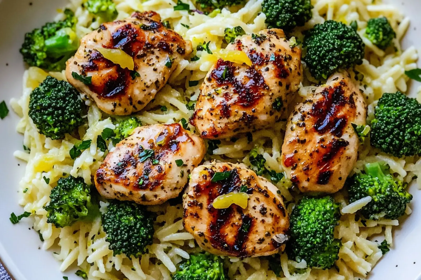 LEMON PEPPER CHICKEN BROCCOLI ORZO centered hero view, clean and uncluttered