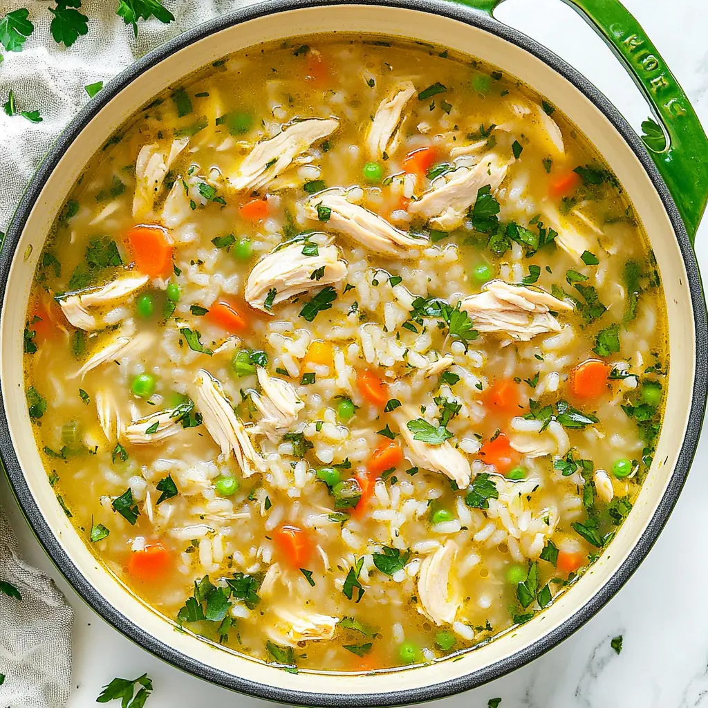 Light chicken rice soup in a bowl with tender chicken and fluffy rice in golden broth