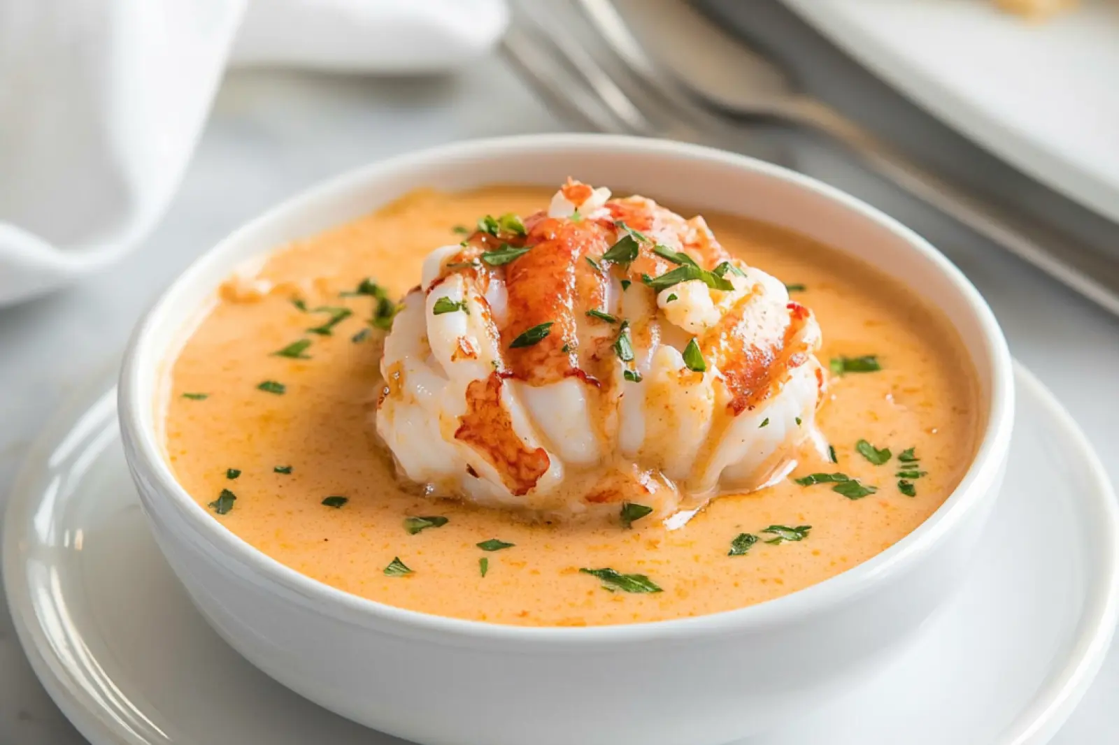 LOBSTER BISQUE RECIPE centered hero view, clean and uncluttered
