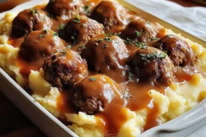 MEATBALL AND MASHED POTATO BAKE centered hero view, clean and uncluttered