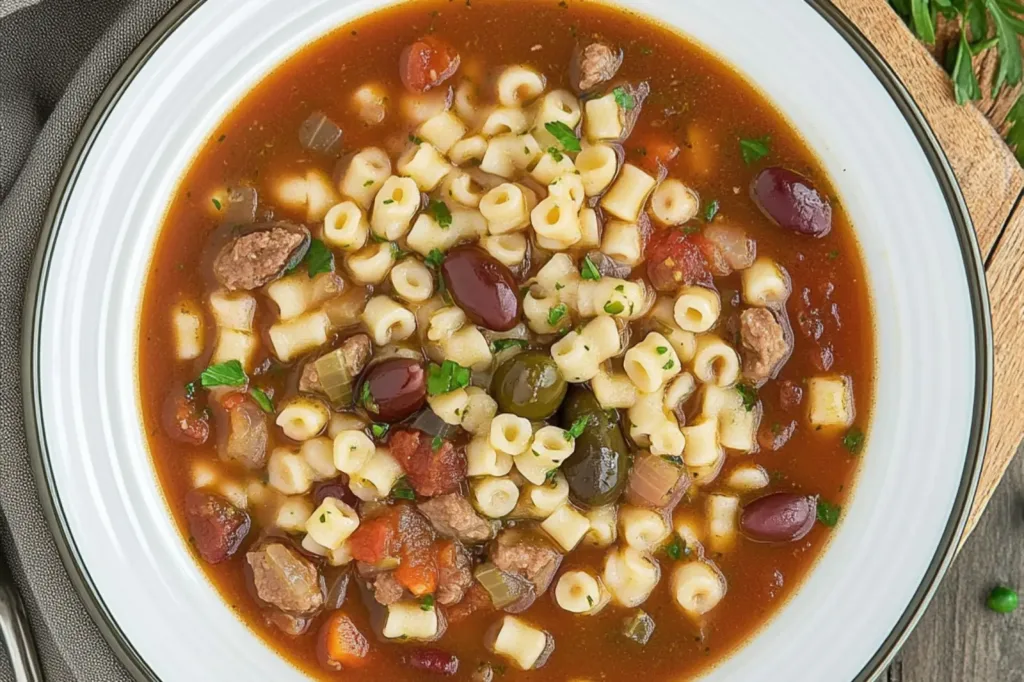 OLIVE GARDEN PASTA E FAGIOLI SOUP centered hero view, clean and uncluttered