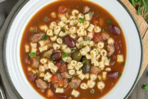 OLIVE GARDEN PASTA E FAGIOLI SOUP centered hero view, clean and uncluttered