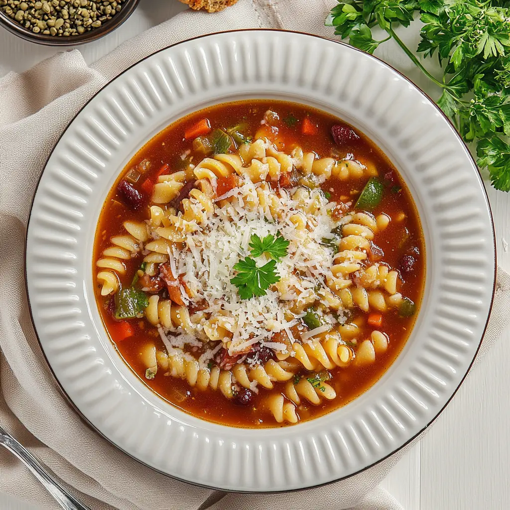 OLIVE GARDEN PASTA E FAGIOLI SOUP centered hero view, clean and uncluttered