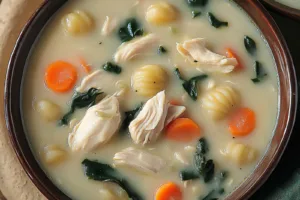 OLIVE GARDEN STYLE CHICKEN AND GNOCCHI SOUP centered hero view, clean and uncluttered