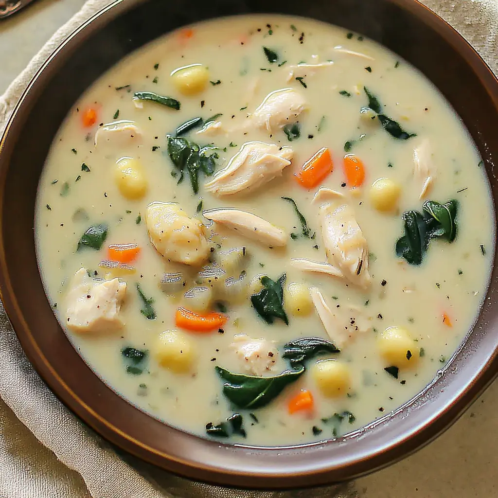 Olive Garden Style Chicken and Gnocchi Soup Easy Weeknight Recipe 3 OLIVE GARDEN STYLE CHICKEN AND GNOCCHI SOUP centered hero view, clean and uncluttered