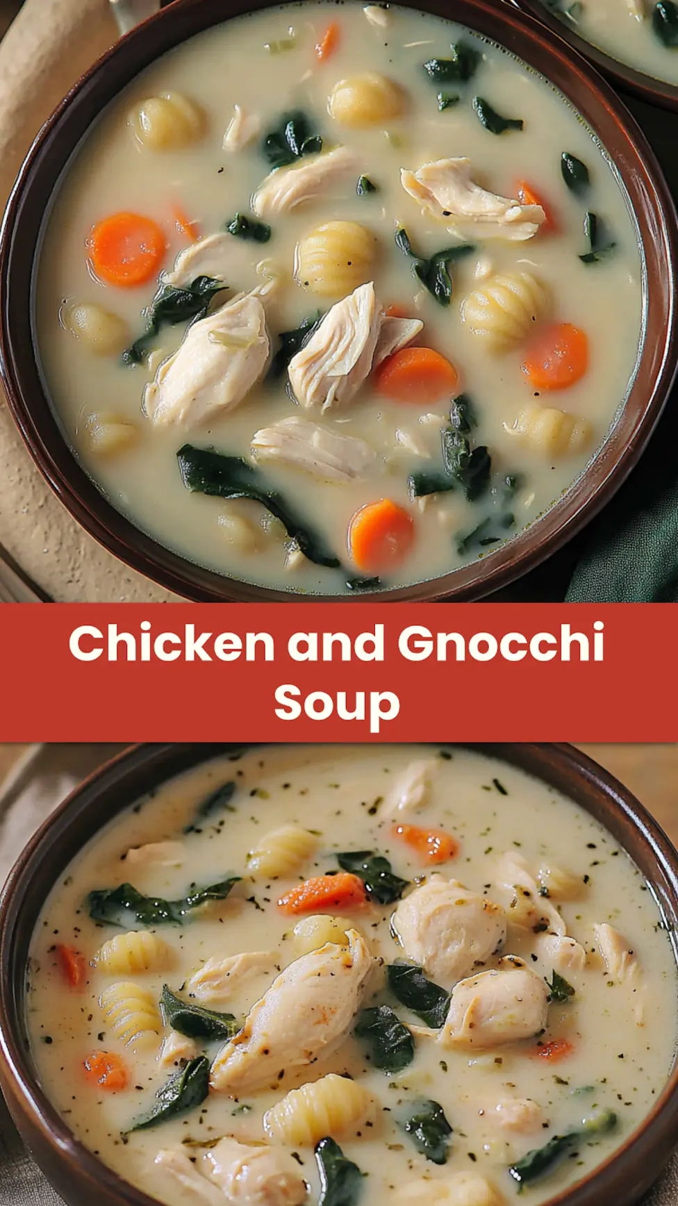 Olive Garden Style Chicken and Gnocchi Soup Easy Weeknight Recipe 4 OLIVE GARDEN STYLE CHICKEN AND GNOCCHI SOUP centered hero view, clean and uncluttered_pin